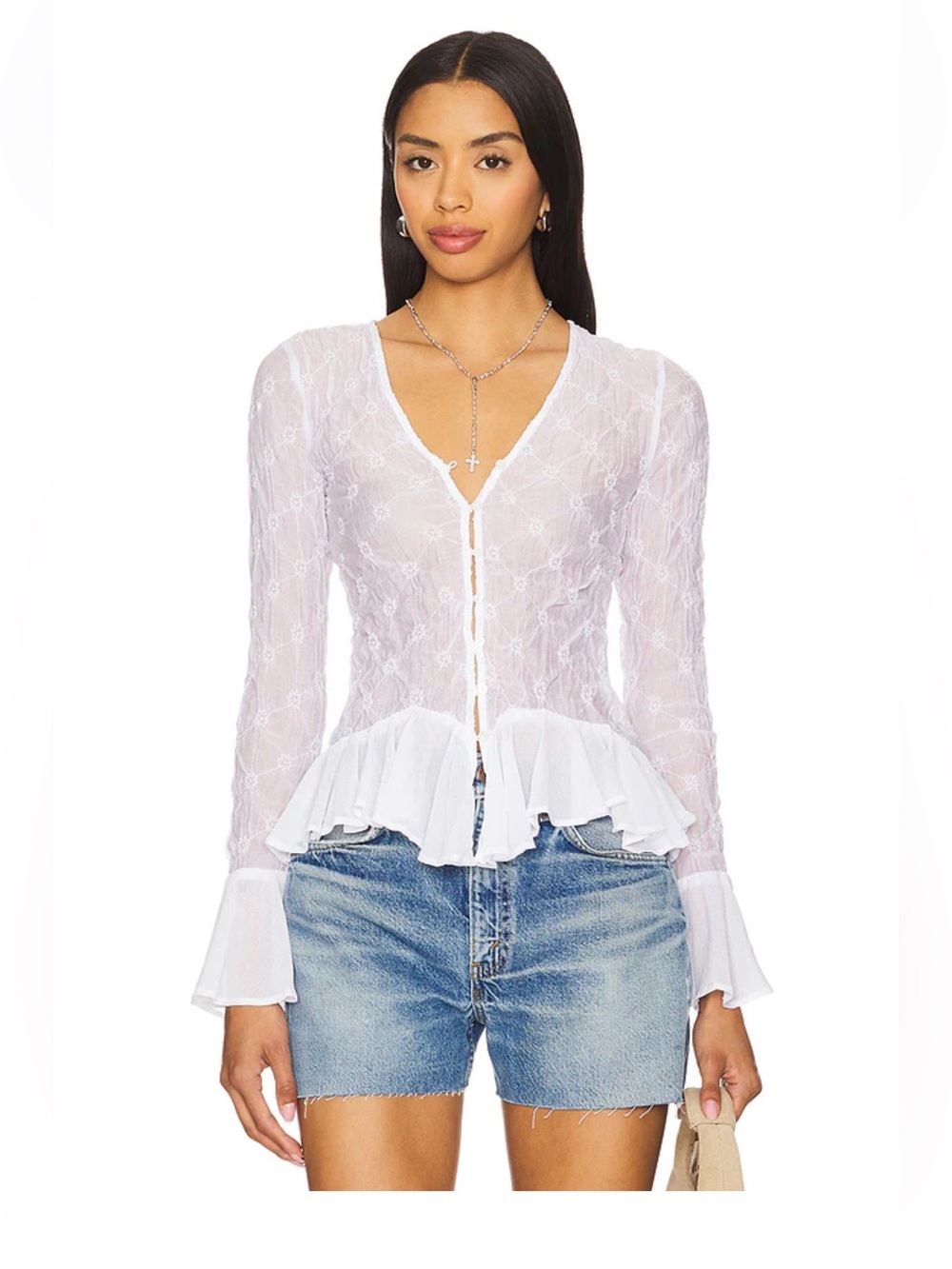 Free People Elias Smocked Boho White Ruffled Sheer Top NWOT
